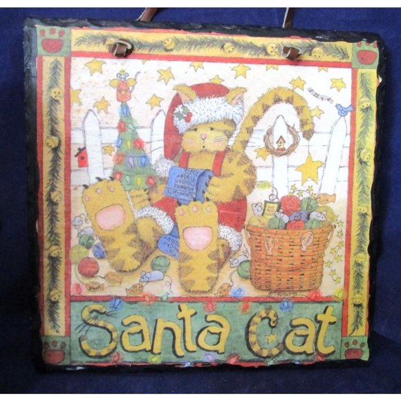 Santa Cat Print On Slate Tile Plaque Knotted Leather Hanger GUC So Much Detail - Picture 1 of 15